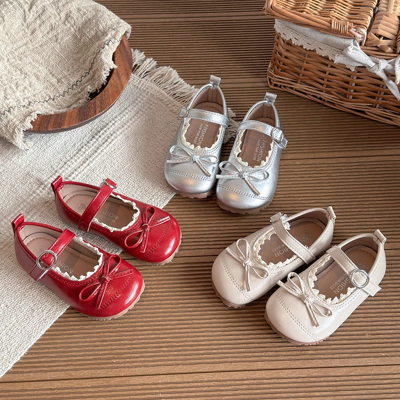 Girls' Korean Style Leather Shoes Simple Bowknot Design Lightweight Fashionable Children's Single Shoes Shallow Mouth Kid's Shoe