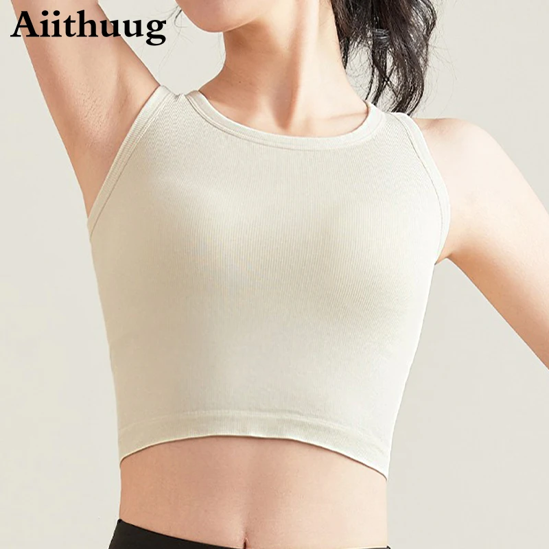 

Aiithuug Ribbed Crew Neck Yoga Crop Tops with Built-in Cup Women's Sleeveless Racerback Tank Tops Dancing Workout Pilates Vest