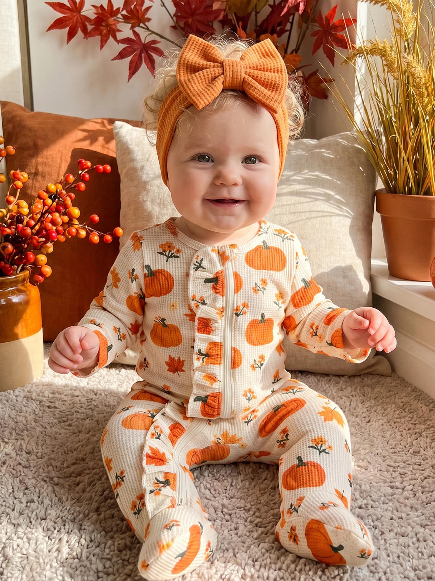 Thanksgiving Romper Print Pumpkin Waffle Pumpkin Print Romper Waffle Pumpkin With-Headband Thanksgiving Thanksgiving Romper