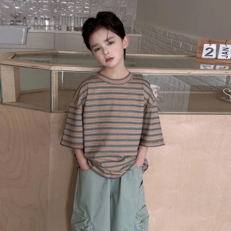 

2026 Summer New Hot Selling Retro Striped Cotton Round Neck Half Sleeve Personalized Top