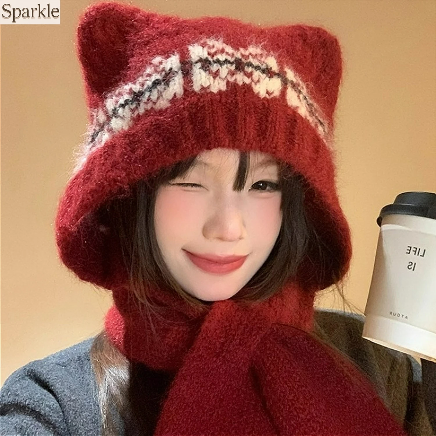 

Модная зимняя шапка-балаклава с ушками медведя, ветрозащитная, утолщенная, теплая, вязаная, цельная, с шерстяным воротником-утеплителем для шеи