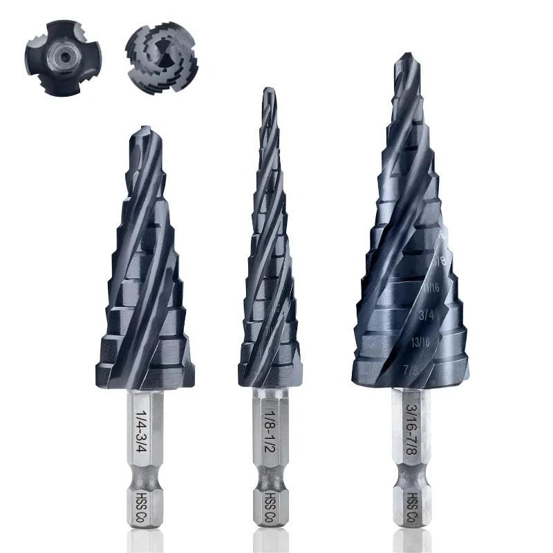 

toolant Four Spiral Flute Cobalt Step Drill Bit Set(Pro Max), 1/8"-7/8"(3pcs) Impact Ready Unibit Step 1/4" Hex Shank Step