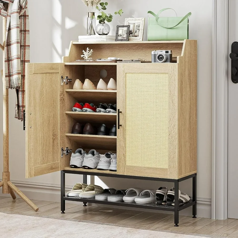 7-layer shoe cabinet with wicker entrance, anti tipping cabinet accessories, adjustable board and damping hinge