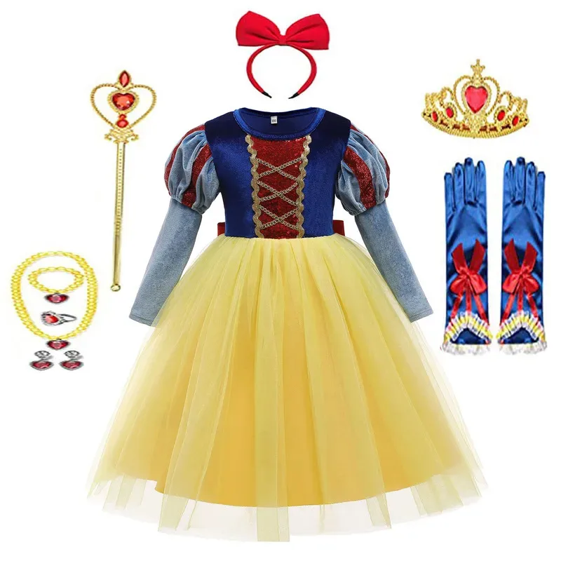 الفتيات الصغيرات الأزرق والأصفر الأميرة سنو وايت حفلة عيد ميلاد تأثيري فستان الهالوين الفتيات فستان عطلة كرنفال #6