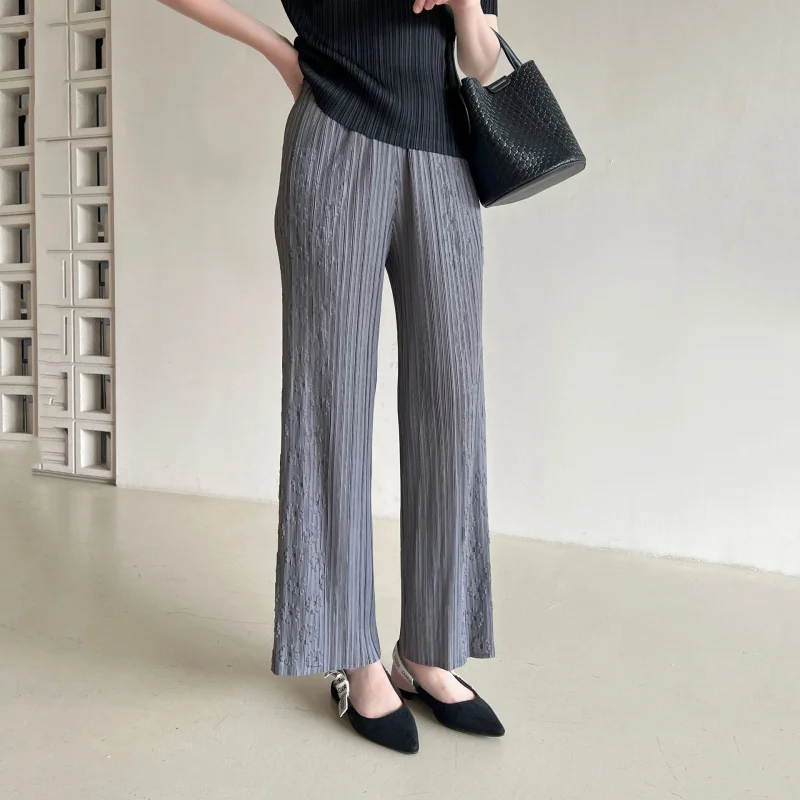 Miyake counter quality high-end pleated heavy embossing versatile casual fashion straight leg pants [1567]