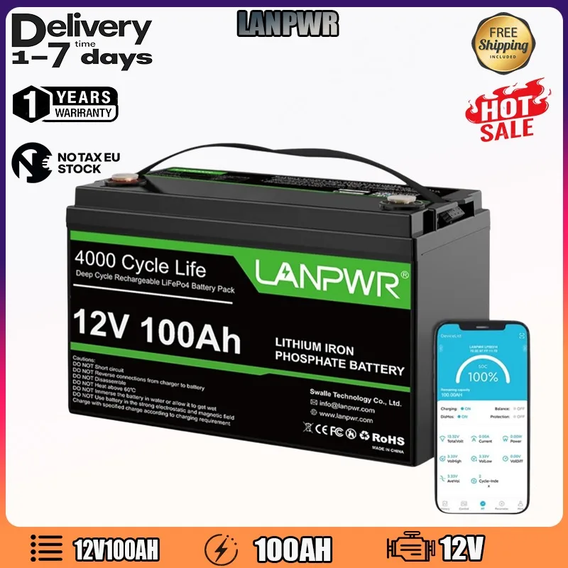 LANPWR 12V100AH بطارية تخزين الطاقة مع وظيفة بلوتوث IP65 مقاوم للماء LiFePO4 بطارية السيارة مناسبة بطارية احتياطية المنزل