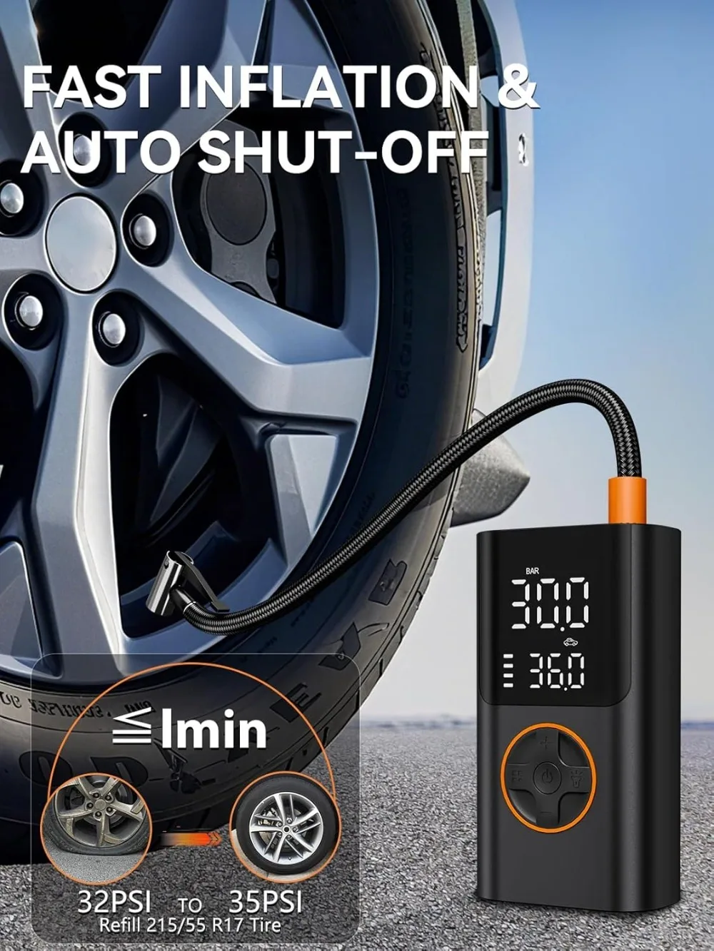 Picture 3: 150 PSI Tire Inflator Portable Air Compressor Cordless Mini Bike Tire Pump, Air Pump for Car with Pressure Gauge, LED Light