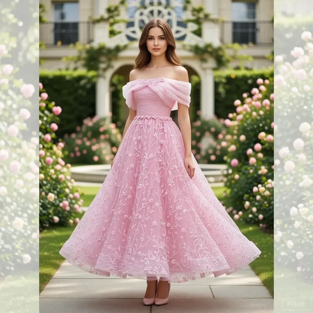 

Изысканное розовое вечернее платье А-силуэта с открытыми плечами, многоярусной юбкой из фатина и цветочной вышивкой, роскошное платье для свадьбы и торжеств, лето 2026