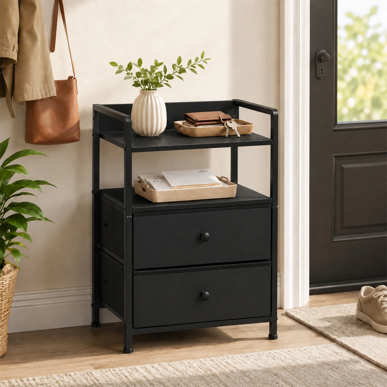 Fabric Nightstand with 2 Drawers, Small Bedside Table for Bedroom with Metal Frame