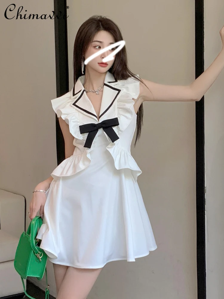 

French Ruffled Contrast Color Bow Stripes Dress 2024 Summer Dresses New Fashion Waist-Controlled White Elegant Fairy Mini Dress