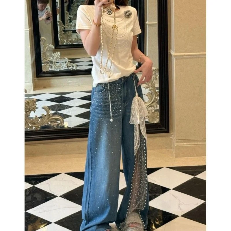 Y2K Korean Style Rhinestone Mesh Fabric Women's Jeans High Waisted Lace Trimmed Loose Spring/summer Wide Leg Pants Long Pants