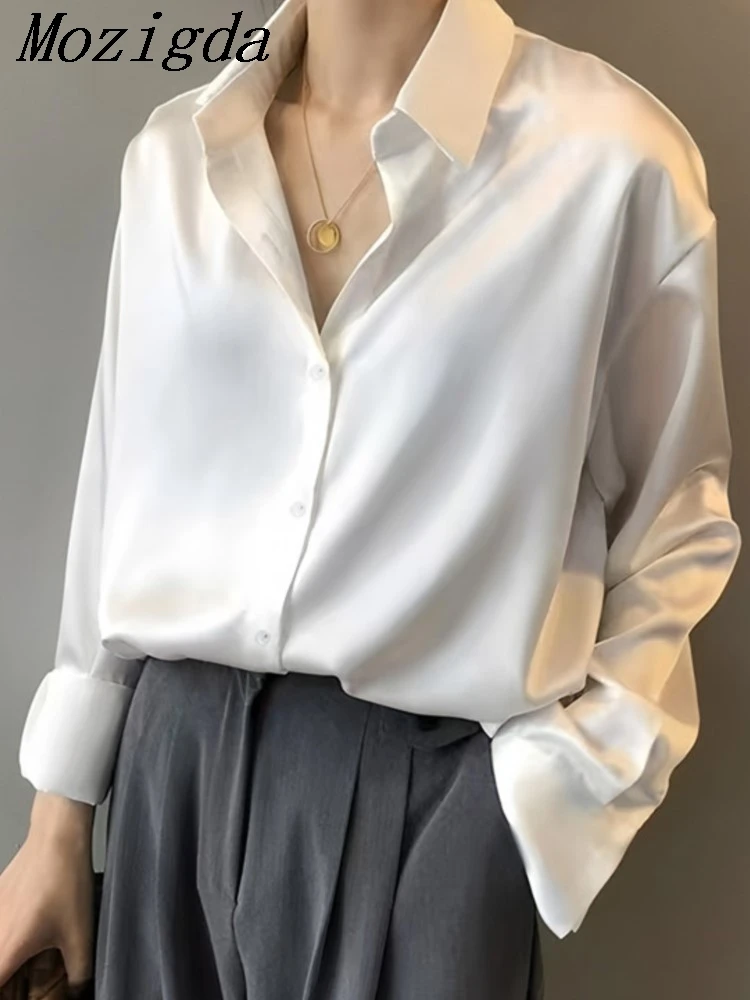 

Весенне-летняя атласная блузка-рубашка для женщин в корейском стиле, с длинным рукавом, минималистичная, для многослойных образов, незаменимая вещь