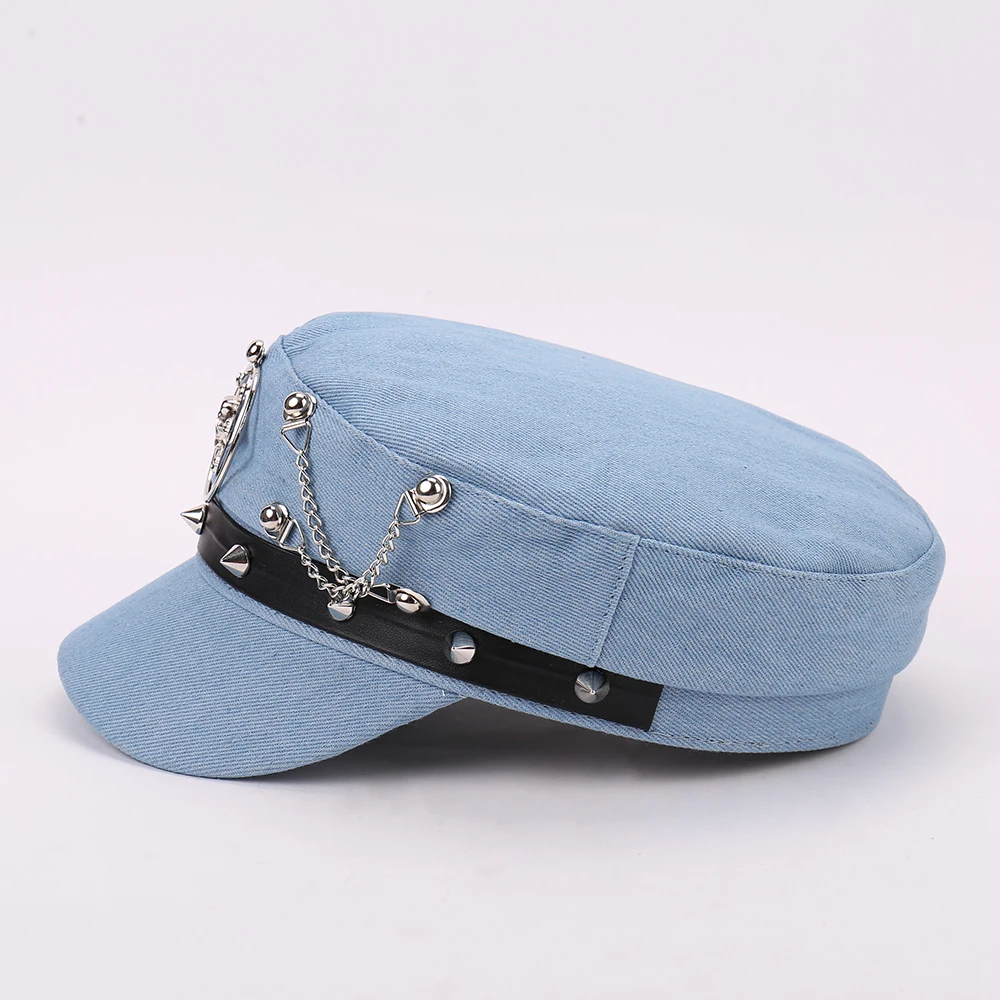 ファッションスカルヘッドサークルチェーンメタルタグ装飾カジュアルフラットキャップ秋の新作トレンド意識の高いスタイリッシュなアクセサリー