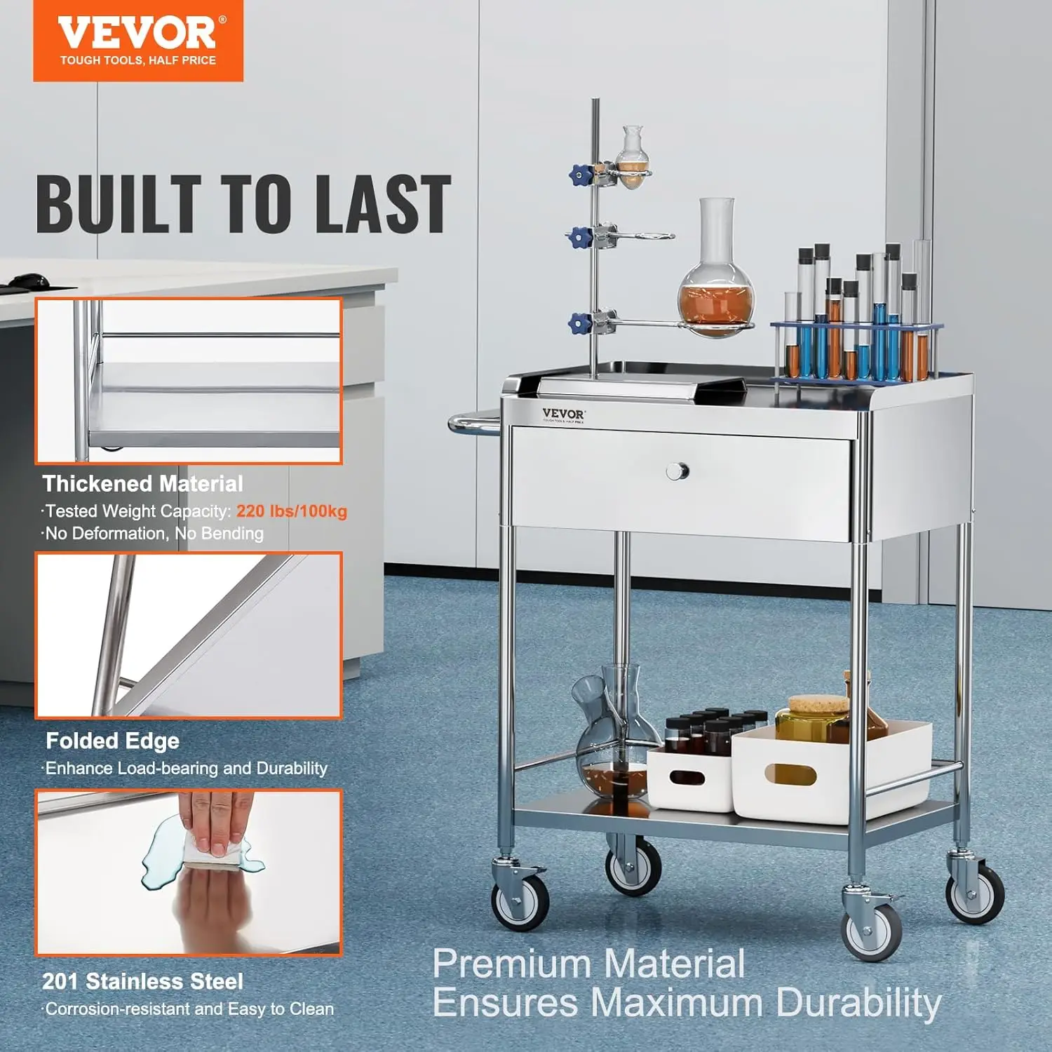 2 Layers Stainless Steel Cart 220 Lbs Weight Capacity, Lab Utility Cart W/ 360° Silent Wheels & A Drawer for Lab,Clinic, Kitchen