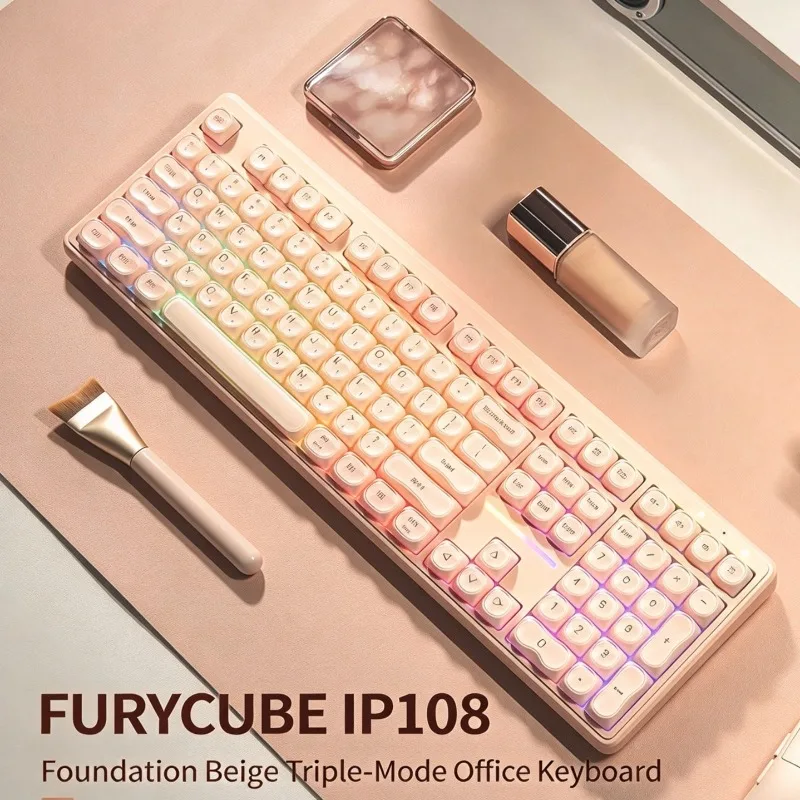 108 Keys Wireless Membrane Keyboard Mechanical Feel RGB Backlit Cream Color Keyboard for Girls Office Desktop Laptop Typing
