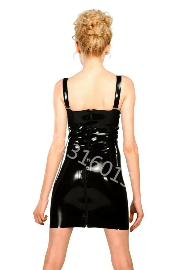 Handmade Natural Latex Sexy Dress 0.4mm Thick Suspender Skirt  Mid Length Back Zipper Latex Bodysuit