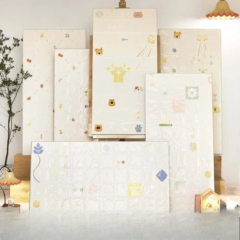 Pink toilet tiles, cartoon tiles, blue toilet wall tiles, rainbow island bathroom floor tiles.