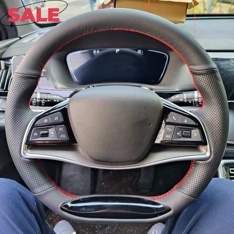 

Custom Hand-stitched Black Anti-slip Microfiber Leather Steering Wheel Cover For BYD Han DMi EV Tang DMp E9 New Energy 2023
