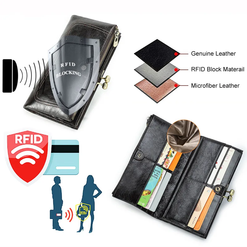 British Style Head Layer Cowhide High End Iron Compared Wallet  Anti Theft Brush Long Genuine Women's Leather Clip Women Wallets