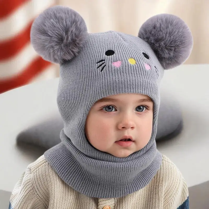 قطعة واحدة من خوذة الرأس المزدوجة مع تطريز كرتوني لطيف، محبوكة لتغطية كاملة للوجه والرقبة، مقاومة للرياح والبرودة