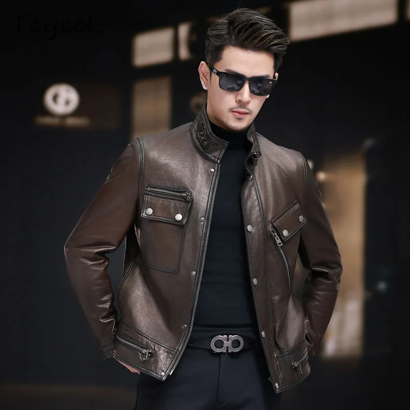 

Tcyeek Men's Genuine Leather Jacket Sheepskin Coat Spring Autumn Motorcycle Jackets Men Clothing Stand Collar Jaqueta De Couro