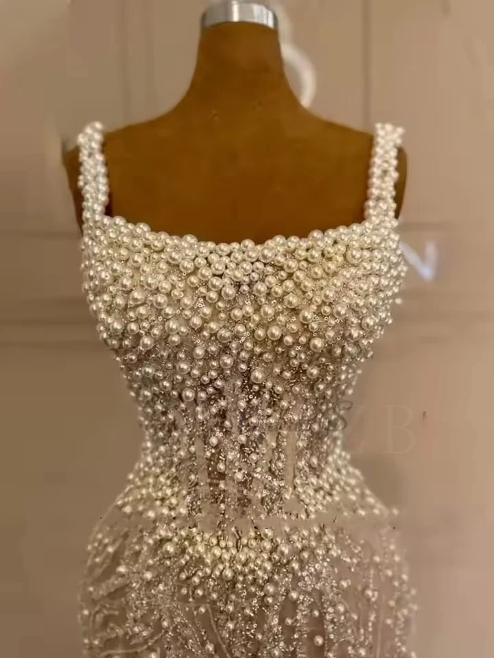 Aso Ebi Evening Dresses Luxury Long Mermaid Full Pearls Beaded Straps Birthday Wedding Party Prom Gowns for Special Occasions