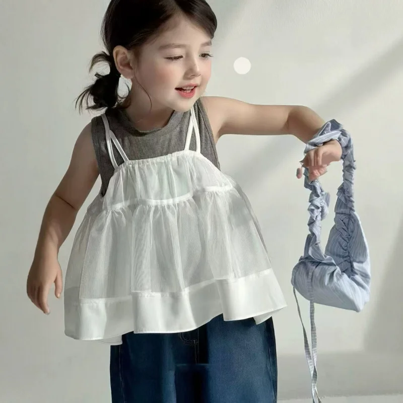 

Spring and summer girls' clothing set: white mesh camisole dress, jeans, stylish three-piece summer outfit