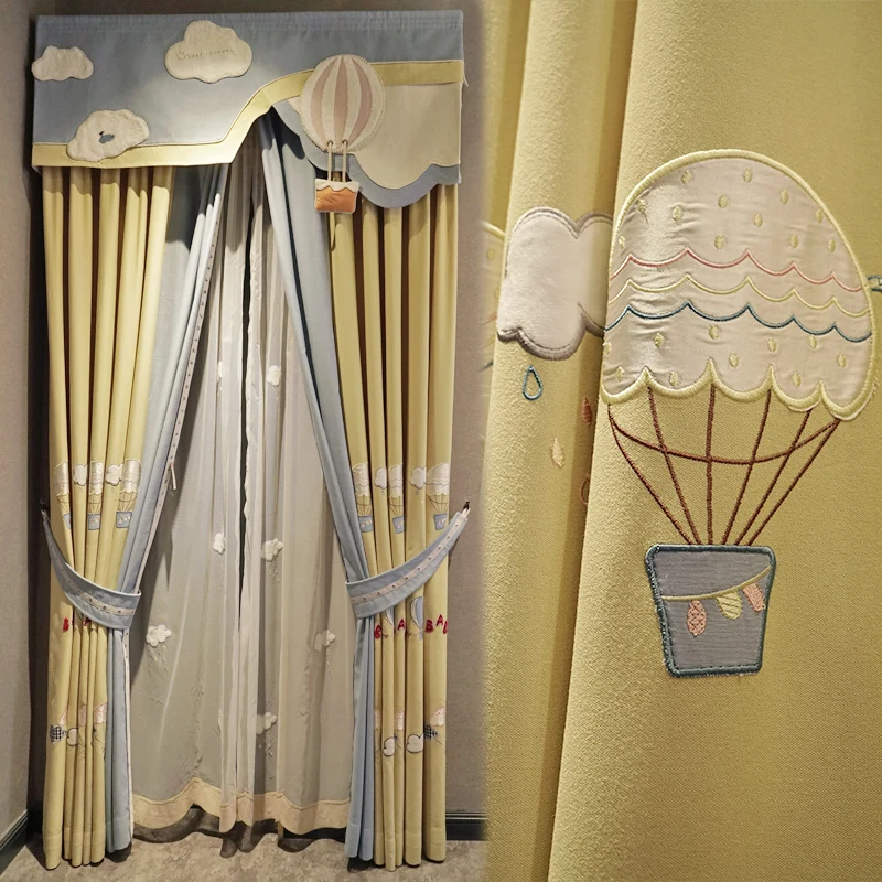 Cartoon Cute Children's Room Floor-to-ceiling Window Hot Air Balloon Boy Girl Embroidered Cotton and Linen Curtain Cloth Custom