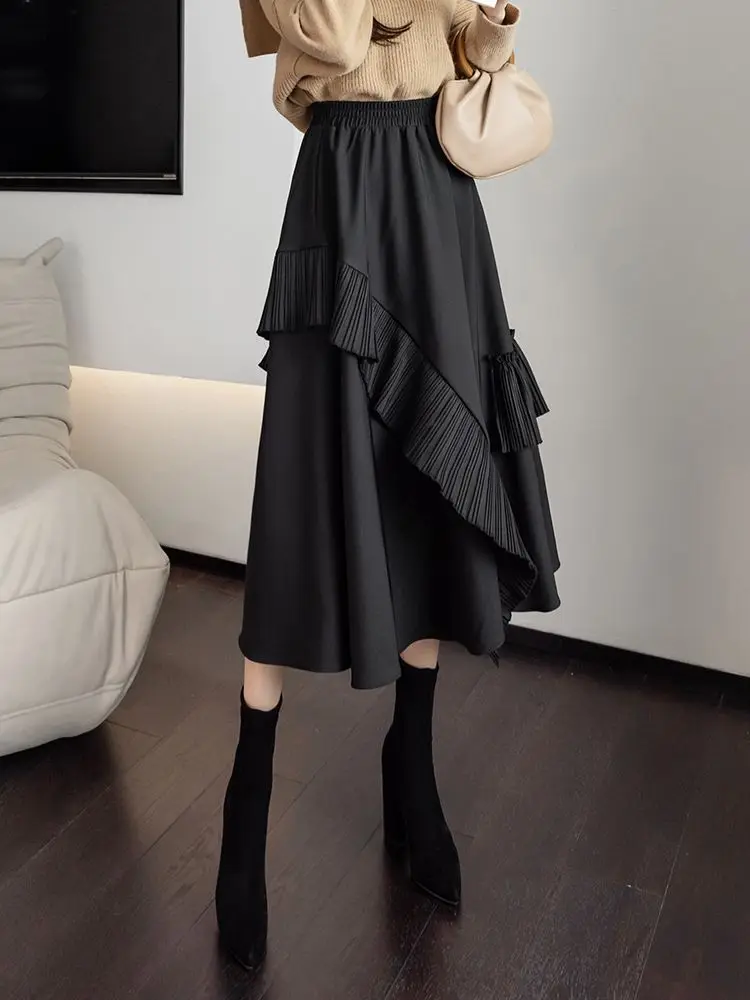 

Vintage Pleated Midi Skirt Women Casual Slim A-line Loose Elastic Waist Party Ruffled Irregular Skirts Elegant Solid Lady Skirt