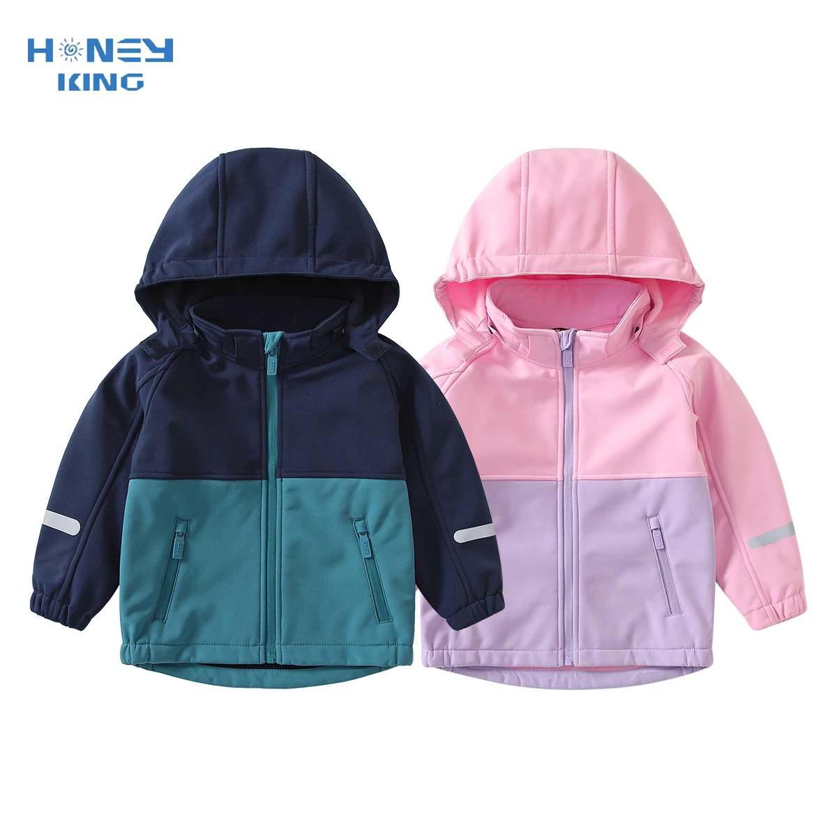 

HONEYKING Girls Jackets Softshell Waterproof Kids Windbreaker Fleece Coat Patchwork Hooded Baby Boys Outwear Children Clothing