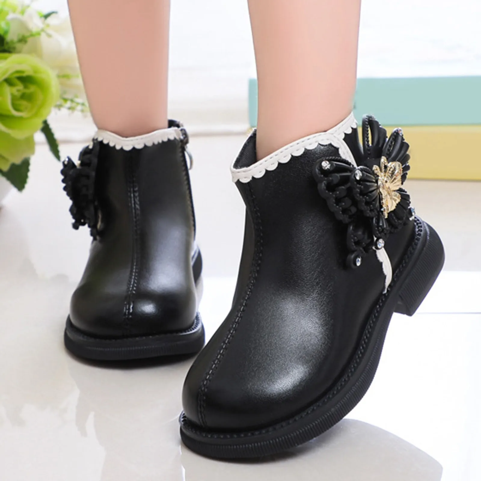 Autumn Winter Girls Ankle Boots Fashion Non-slip Quality Leather Short Boots Children Rhinestones Butterfly Fall Princess Boots