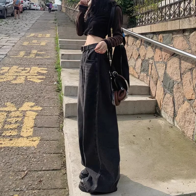 بنطلون جينز ريترو أمريكي مبطن بأرجل واسعة من قماش الدنيم بخصر عالٍ وفضفاض بطول الأرض وقص مستقيم للنساء #2