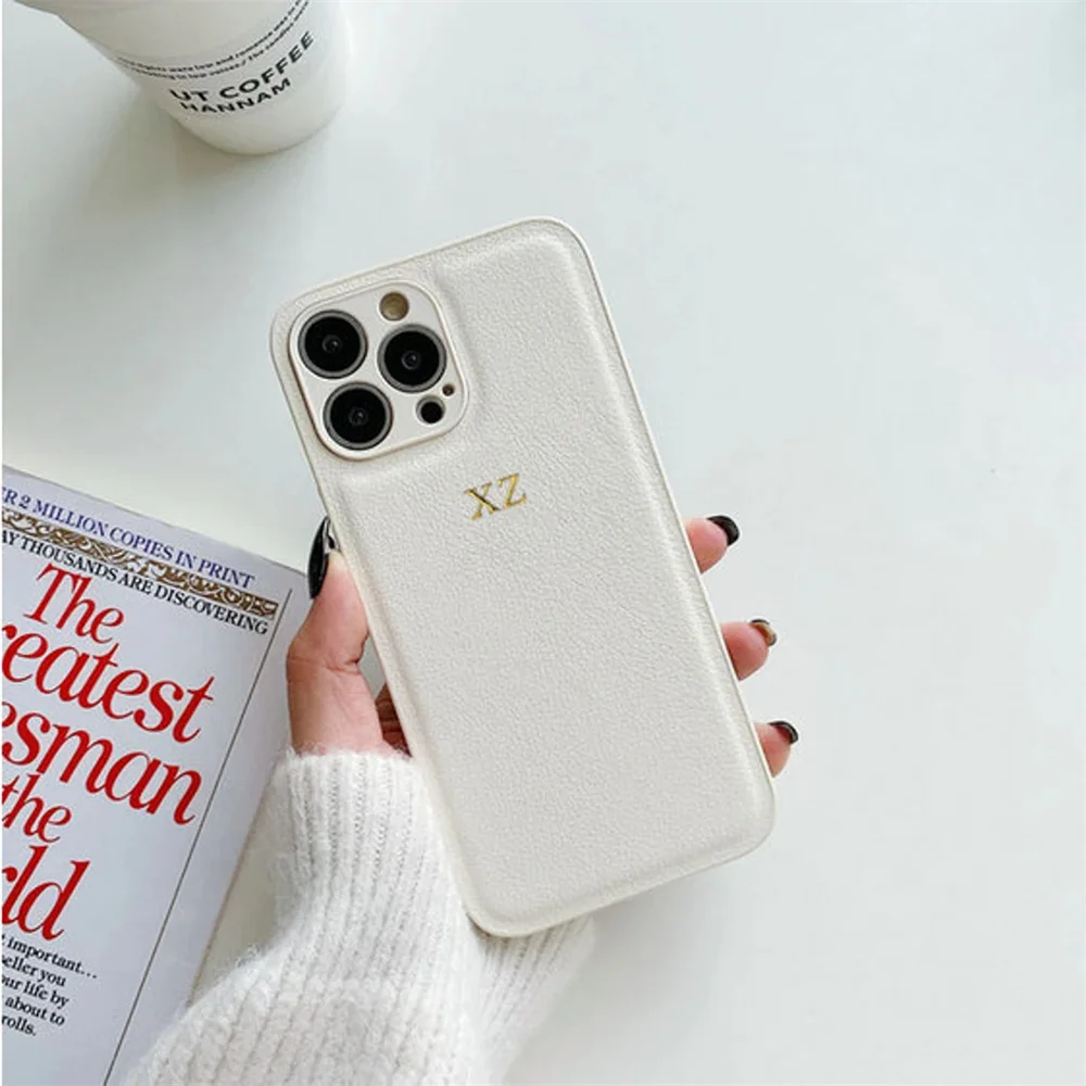 Personalise Initials Name Letters Leather PU Phone Case For iPhone 17 16 15 14 13 12 11 Pro Max XR 7 8 Plus Luxury Plain Cover