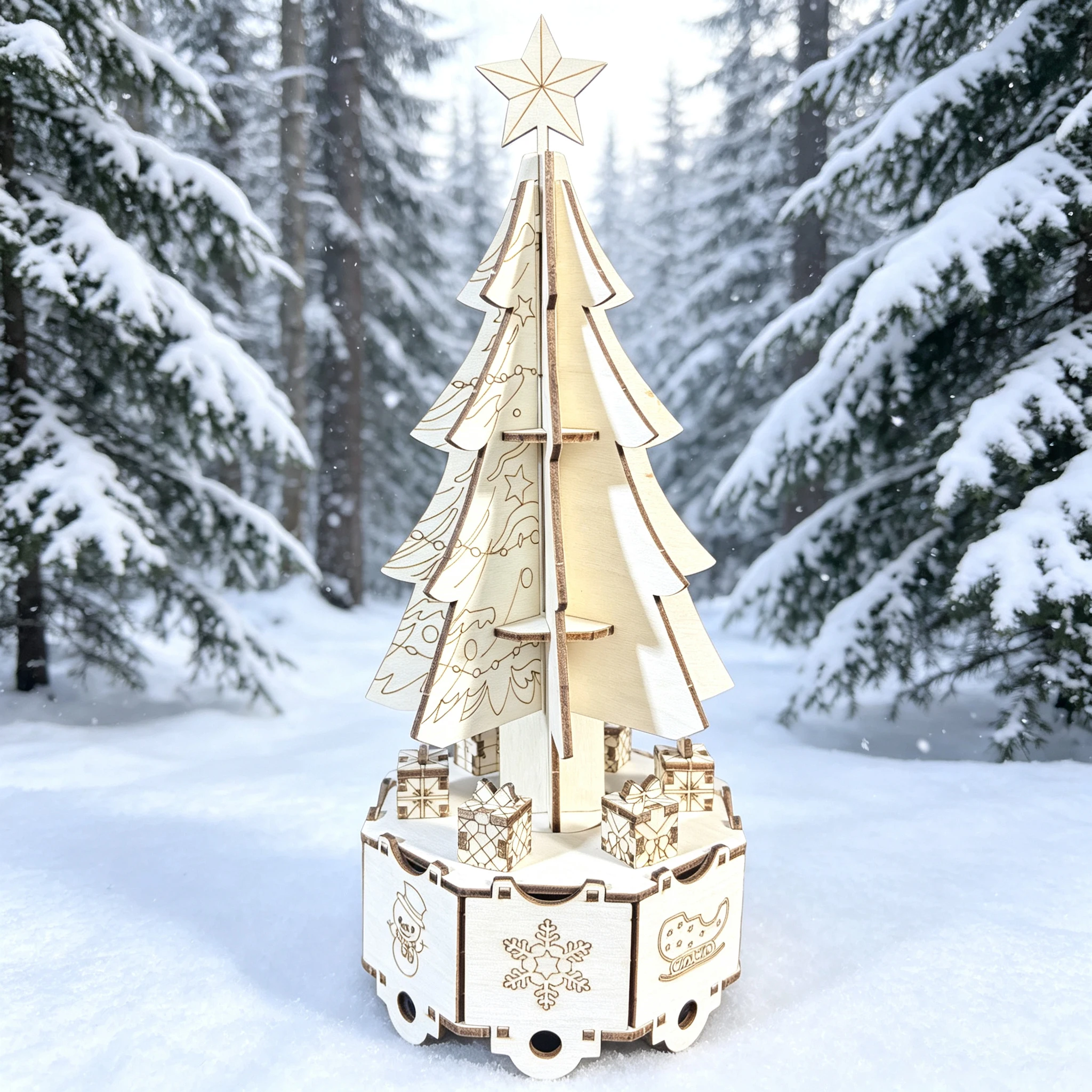 DIY Wooden Rotating Christmas Tree Music Box 3D Puzzle Christmas Desktop Ornament & Holiday Gift