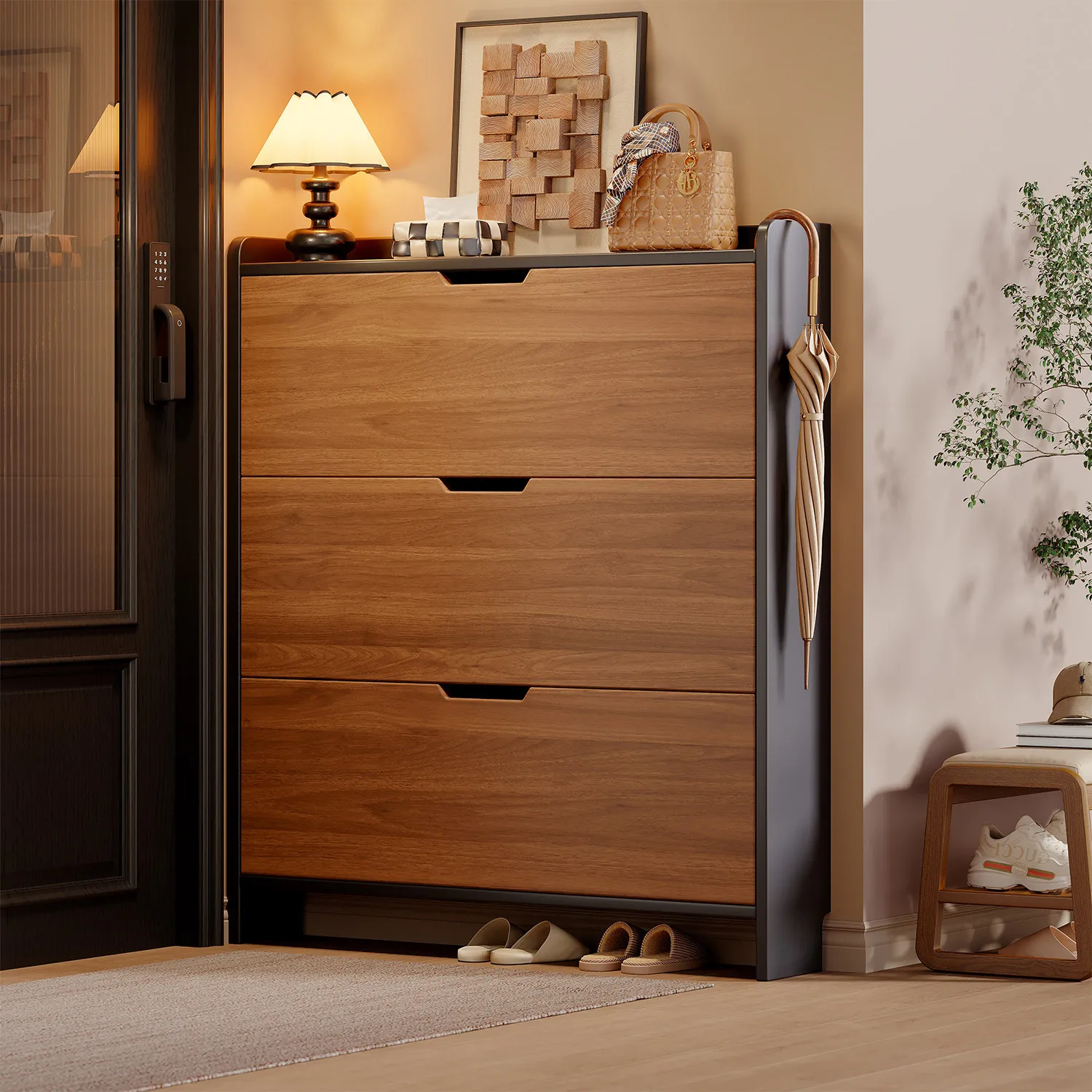 

Solid Wood Ultra-thin Tipping Bucket Shoe Cabinet, Household Door Entry Door Storage Cabinet Integrated Against The Wall 2026 Ne