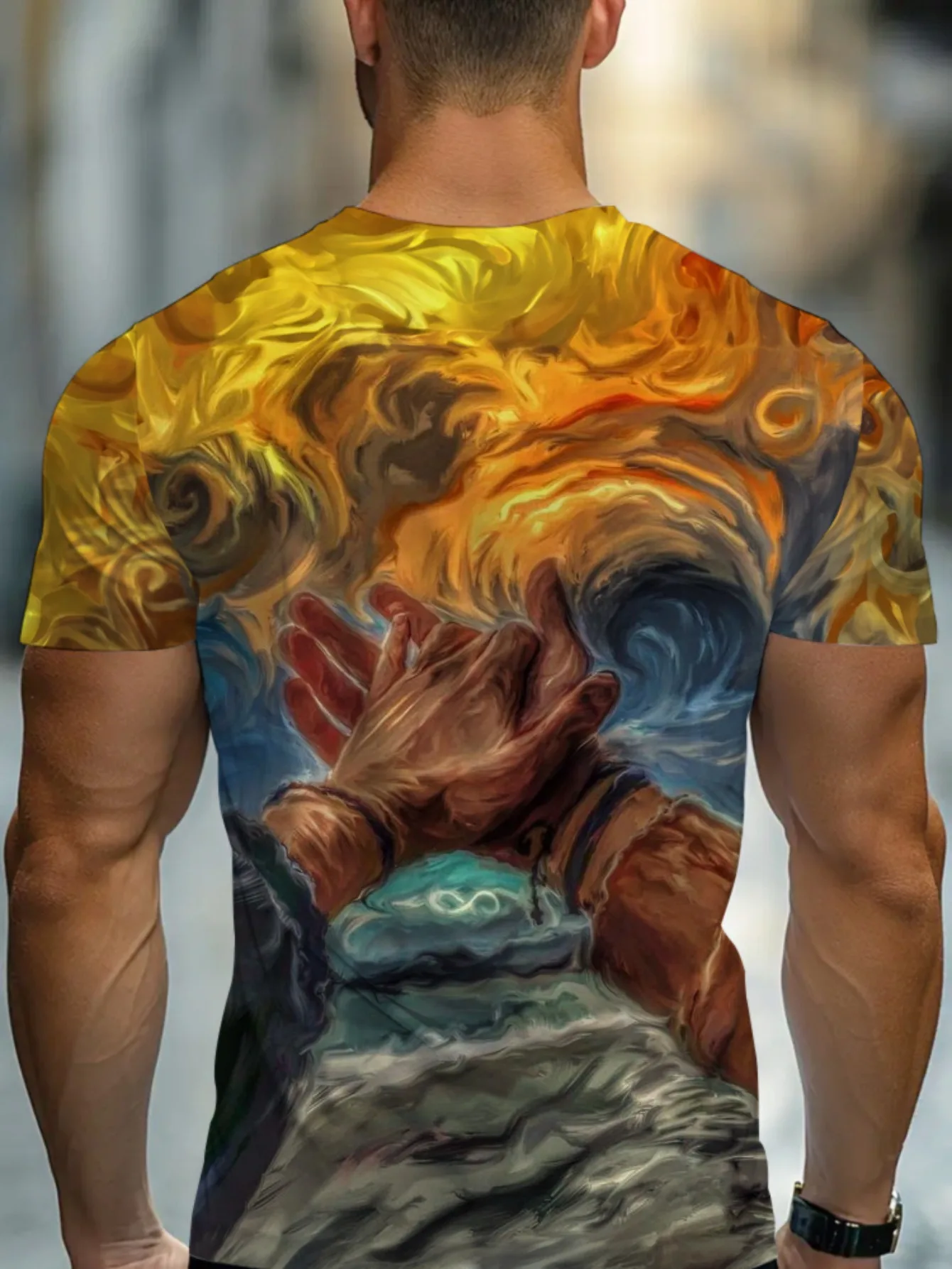 Men Golden Swirl Starry Sky Praying Hands Oil Painting Abstract Print Short Sleeve Crew Neck Casual T-shirt