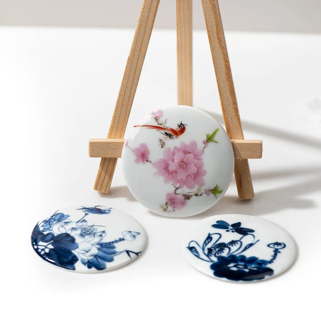 Large Round Blue And White Porcelain Patch Handmade Ceramic Accessories Bird Lotus Crafts Z617