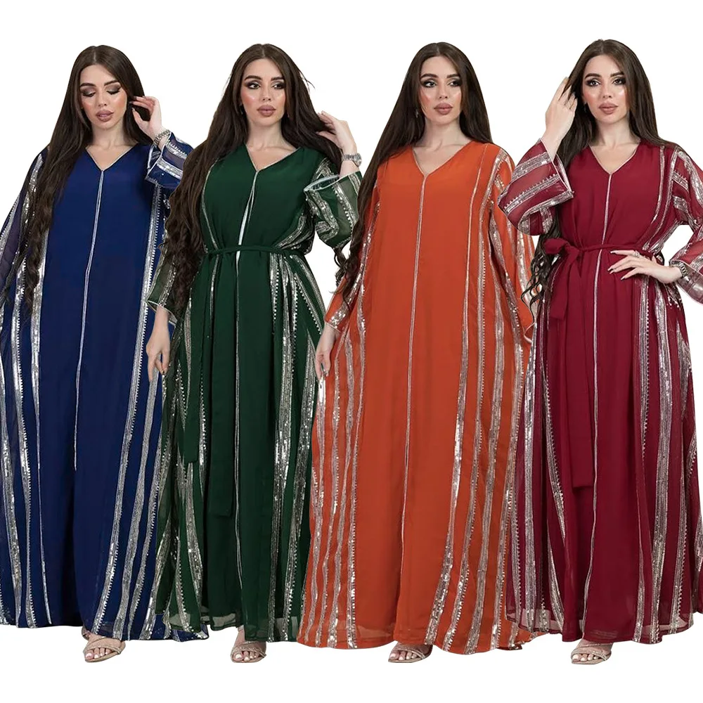 

Muslim Abayas for Women Striped Sequin Loose Robe Dubai Arabian Chiffon Beads Patchwork Light Luxury Arab Indian Muslim Dress