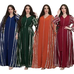 Muslim Abayas for Women Striped Sequin Loose Robe Dubai Arabian Chiffon Beads Patchwork Light Luxury Arab Indian Muslim Dress