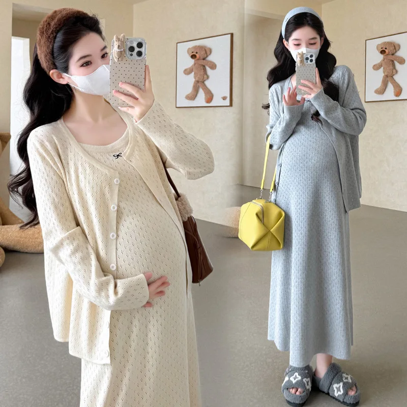 2026 New Autumn Winter Maternity 2 Piece Outfit Hollow Embroidery Bow Knit Cardigan with Maternity Cami Dress Elegant Style Set
