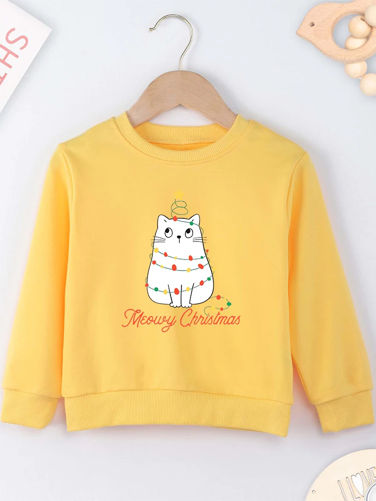 Cute Cat Merry Christmas Sweatshirt Red Kawaii Cartoon Harajuku Fashion Children\'s Clothing Xmas Gift High Quality Kids Hoodie