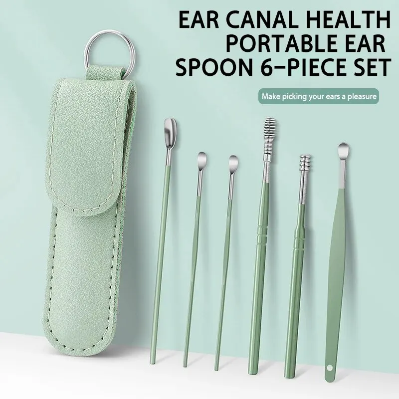 6 Pieces Stainless Steel Ear Pick Spoon Ear Cleaning Tool Set Portable Leather Pouch Home Ear Wax Remover Kit