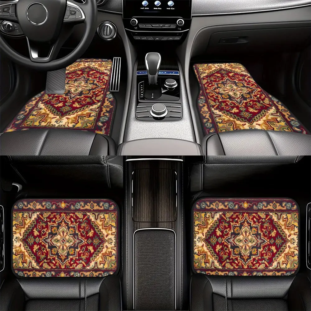 

4pcs Bohemian Vintage Car Mats Compatible For All Vehicle Models - Durable Easy-Clean All-Weather With Boho Red- Tones (Driver/P