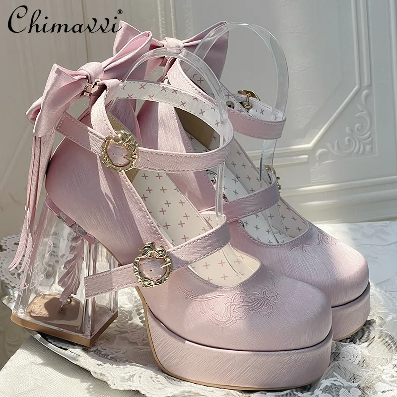 

Original Lolita Shoes Sweet Princess Round Toe Transparent High Heel Waterproof Platform Cute Bow Satin Mary Jane Shoes Pumps
