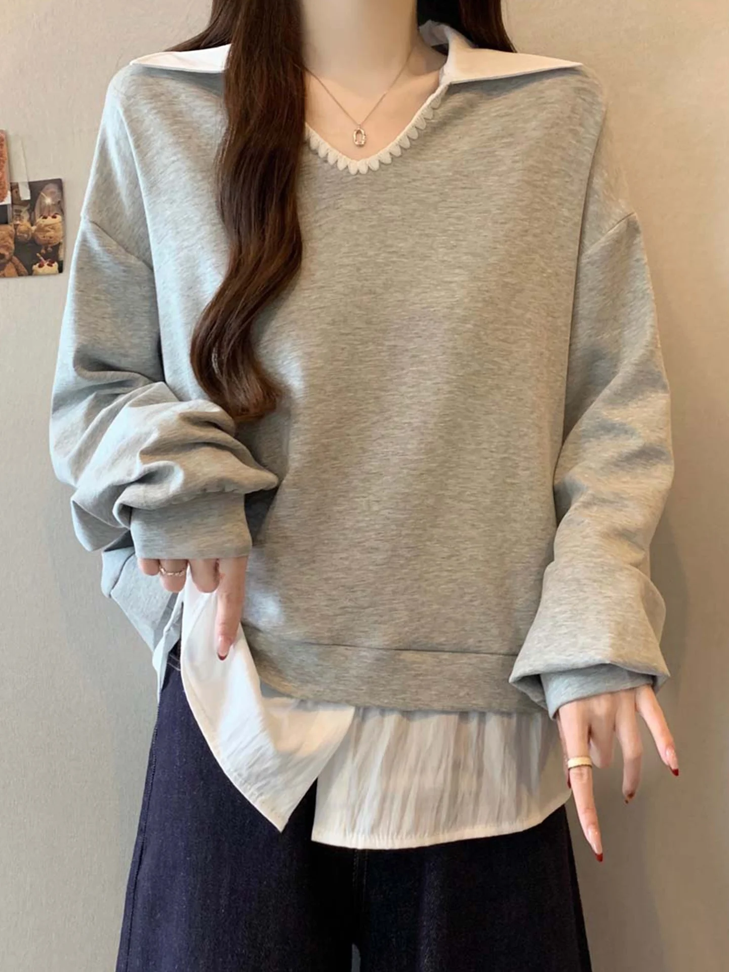 

ay Casual Lazy Sle Ne Sweatirt Women Spring Large Size Fat MM Slimming Belly Cover Design Sense Fake Two-Piece Top