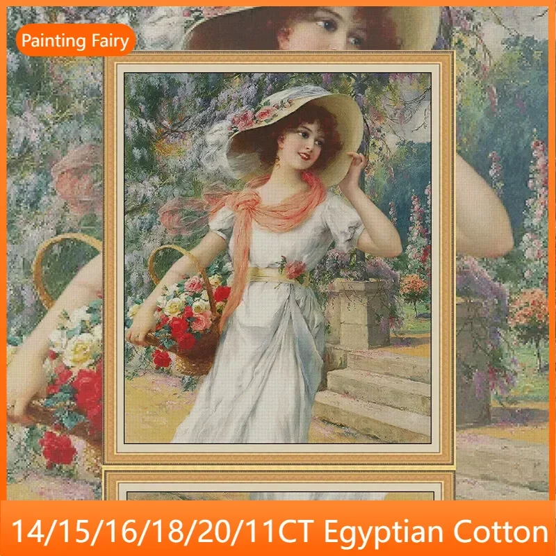 [ZZ2964-Woman Picking Flowers] DIY Cross Stitch Needlework Kit 14CT 16CT, Embroidery Craft Supplies, Cotton Thread Set