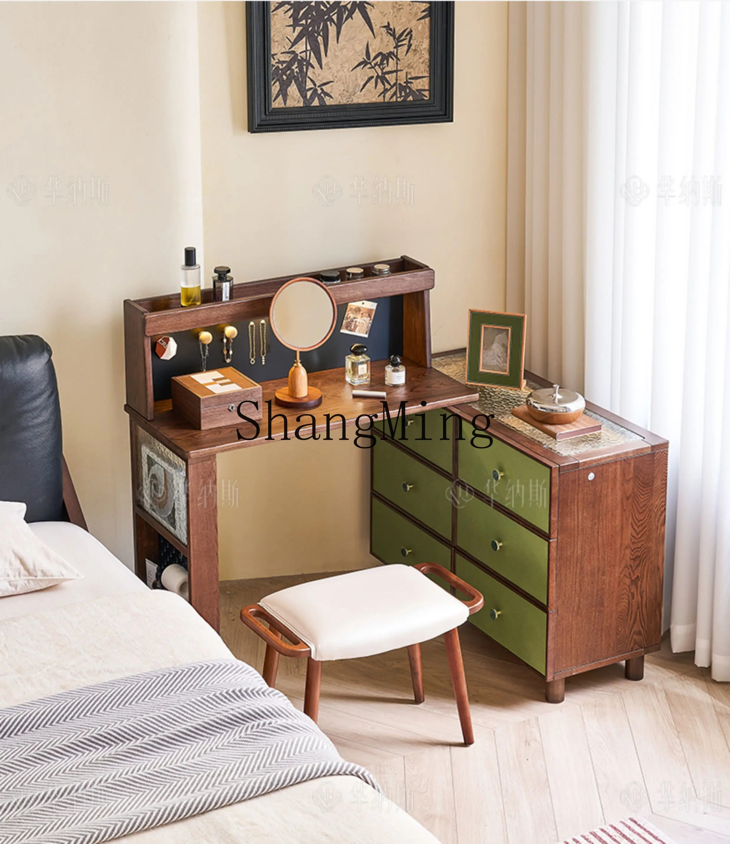 

FG dresser chest integrated bedroom retro solid wood medium ancient green makeup table