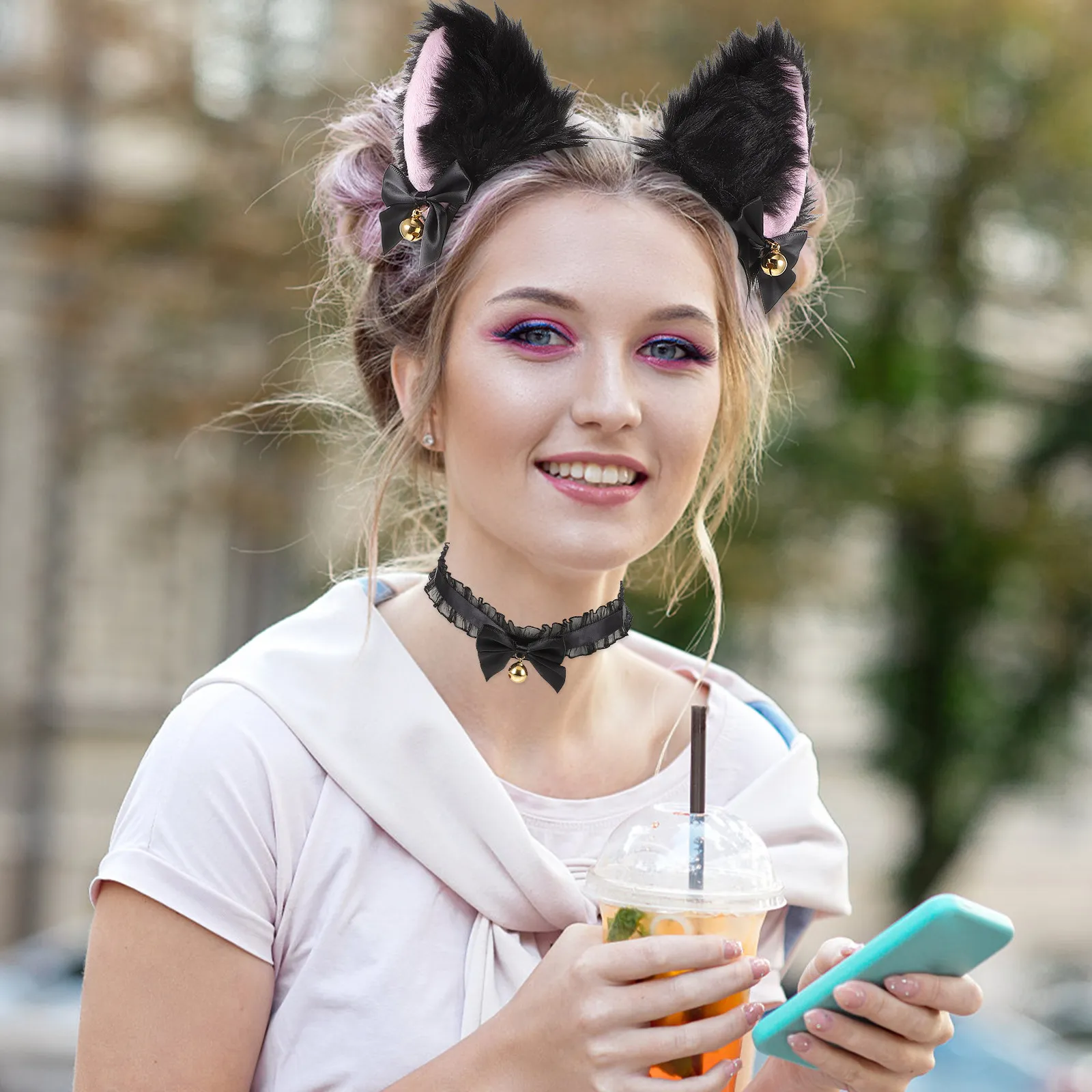 Ensemble de 3 accessoires pour déguisement Lolita : Bandeau oreilles de chat, collier en dentelle avec nœud et clochette, kit de déguisement pour fête et carnaval