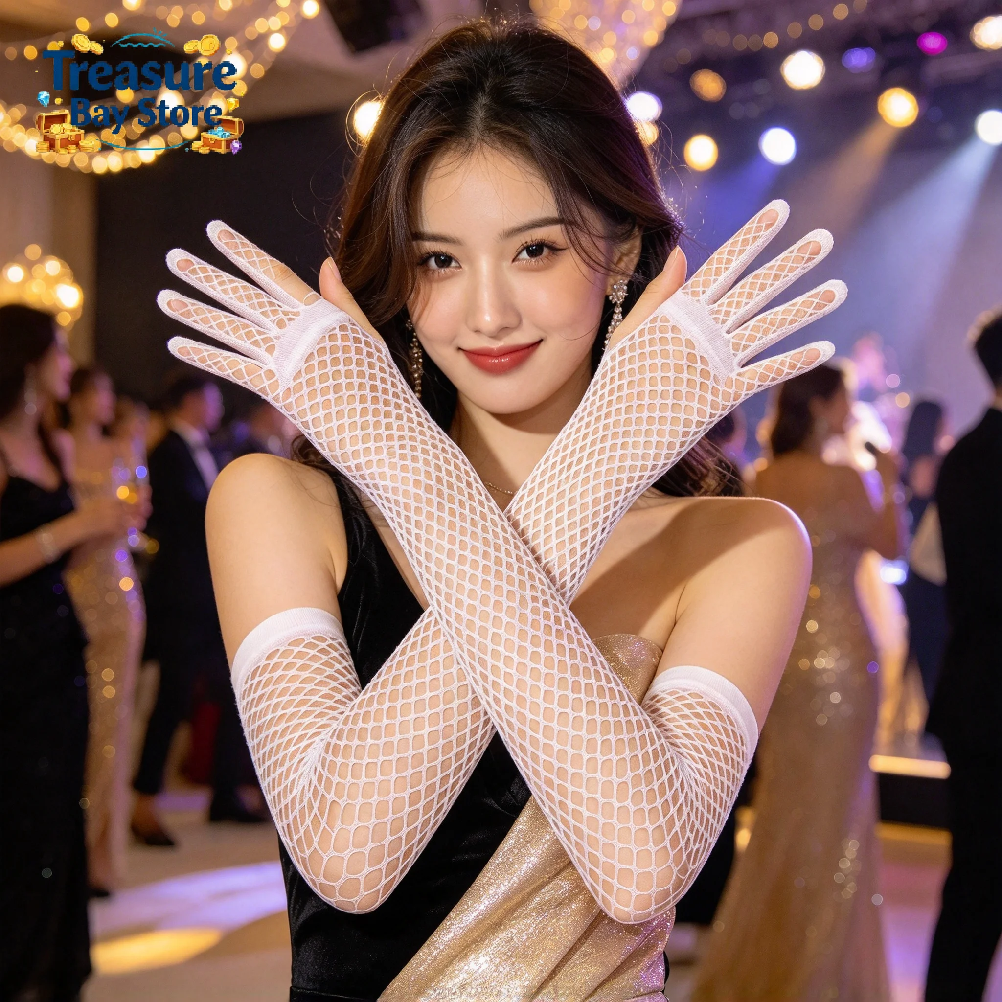 Black Neon Fishnet Fingerless Long Gloves, Arm Cuff Mesh Gloves For Women Girls, Punk Goth Dance Party Fancy Dress Accessories