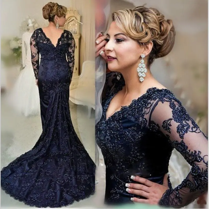 

On Sale Charming Dark Navy Lace Mermaid Long Sleeve Mother of the Bride Dresses V Neck Wedding Party Gowns Back Out 2022